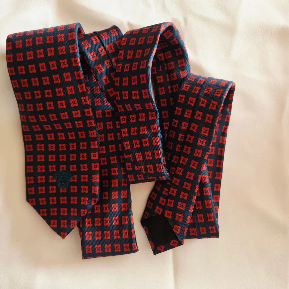 Versace Silk Tie Mens One Size Navy Blue Red Geometric Medusa Head Made in Italy